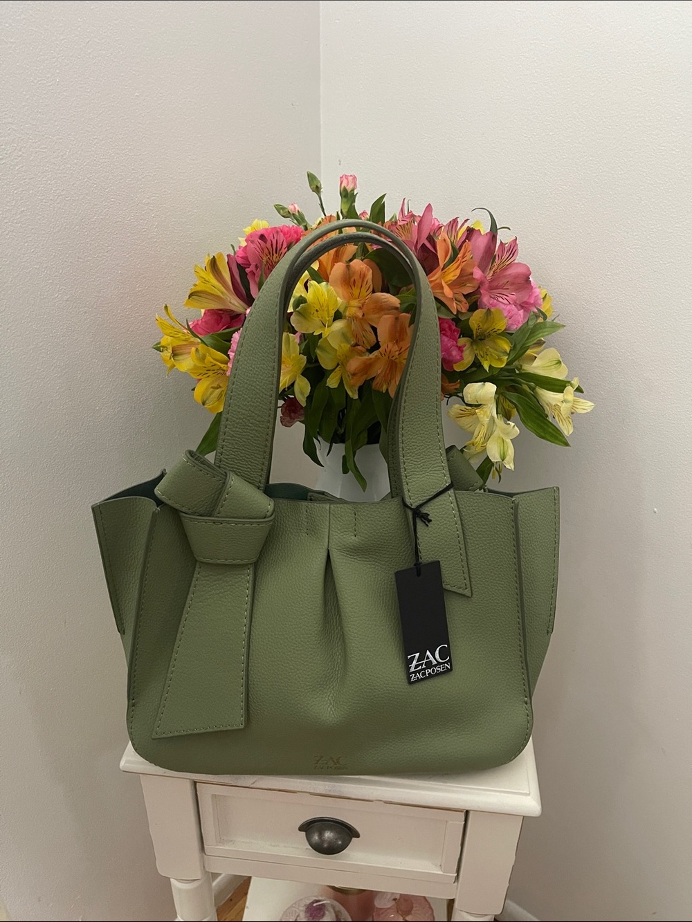 ZAC Zac Posen Olive Green Pebbled Leather Tote